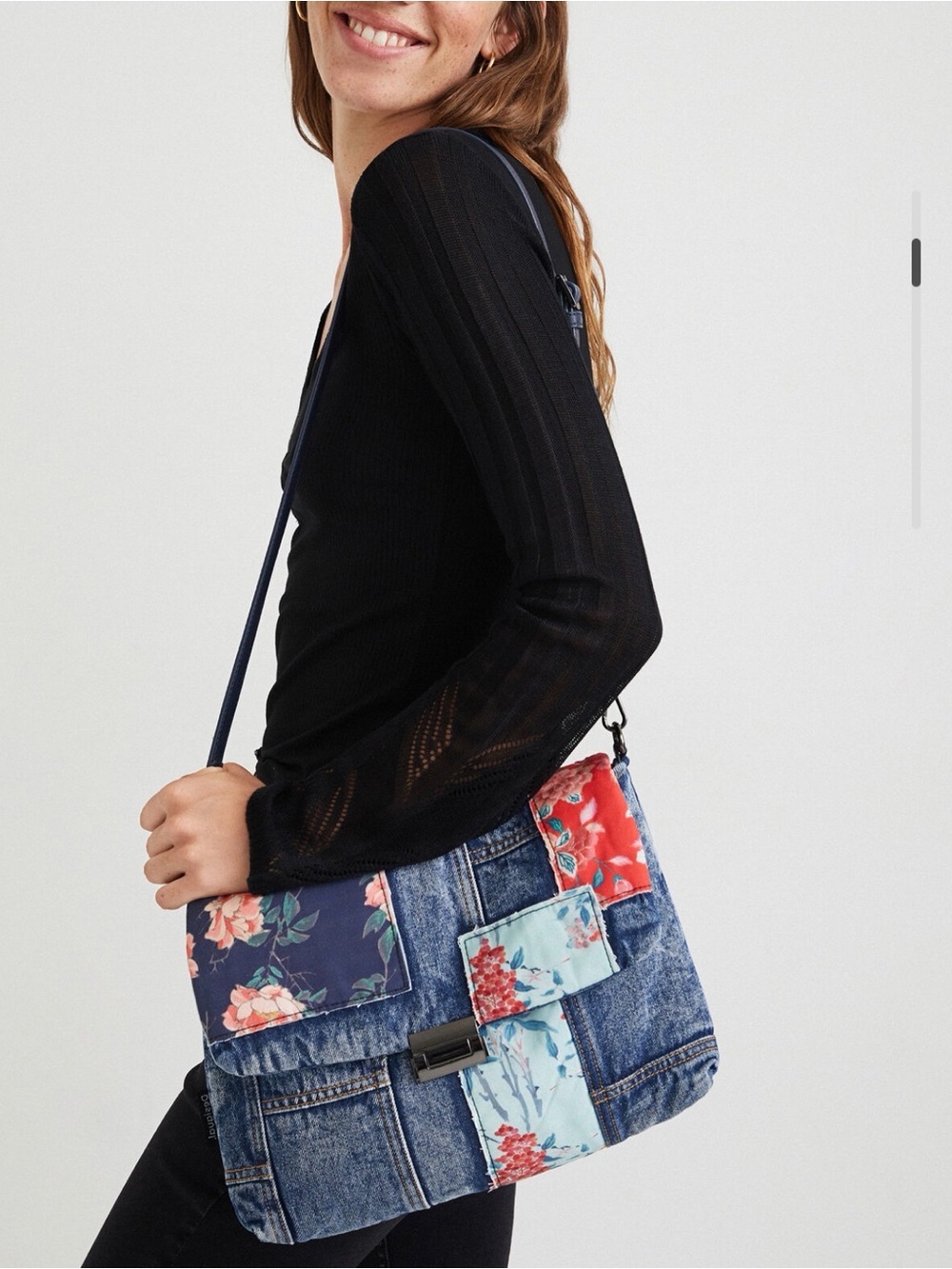 Desigual Denim Patchwork Floral Crossbody Bag Slouchy Y2K McBling Designer